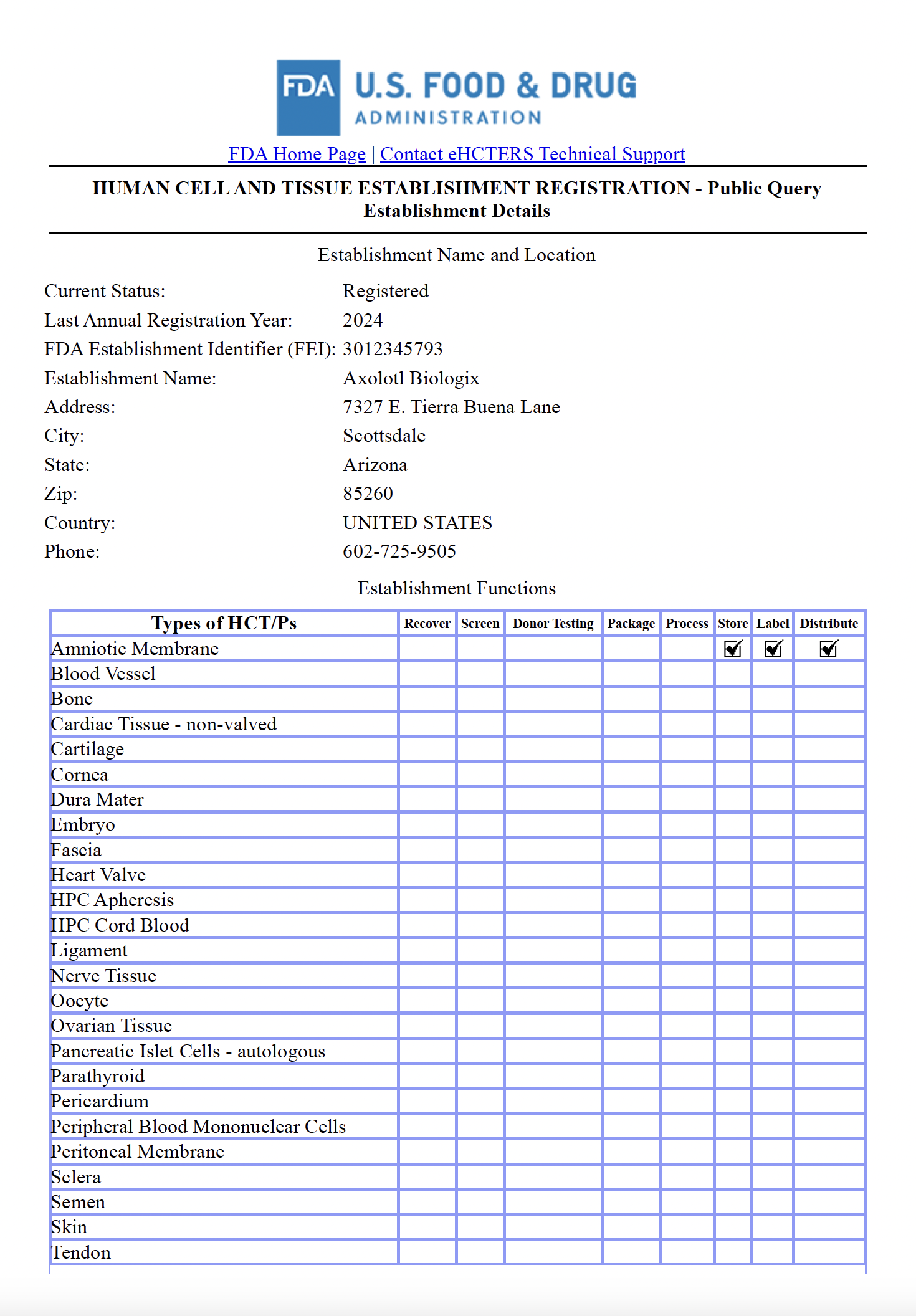 Tissue Establishment Registration